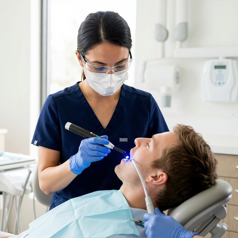 Dental team member using curing light in patient’s mouth